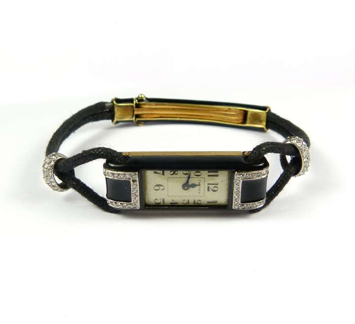 Lady's Art Deco enamelled gold and diamond wristwatch